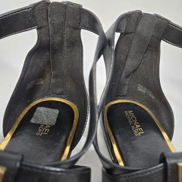 MICHAEL KORS Winslow BLACK Leather Gold-Lock- Fringe GLATIATOR Sandals Size 10M.