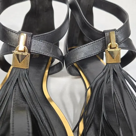 MICHAEL KORS Winslow BLACK Leather Gold-Lock- Fringe GLATIATOR Sandals Size 10M.