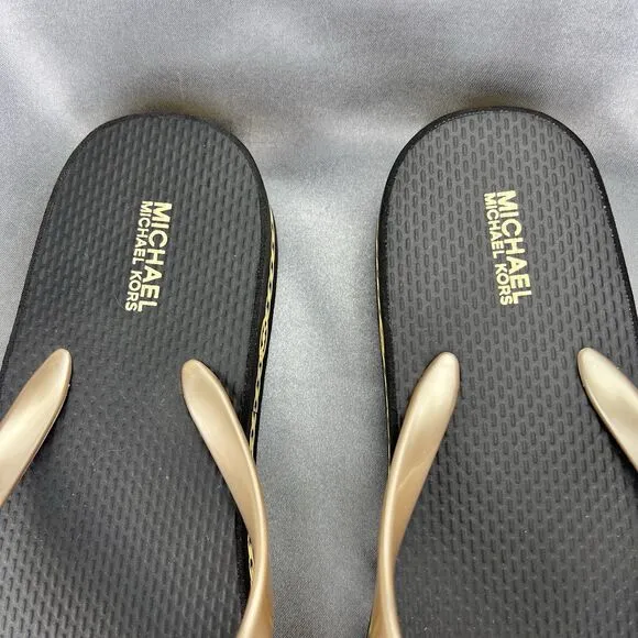 Michael Kors Women's 7 Logo Flip Flops Fashion Sandals Black/Gold RX24D MK Shoes