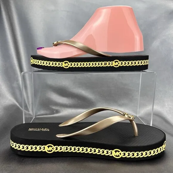 Michael Kors Women's 7 Logo Flip Flops Fashion Sandals Black/Gold RX24D MK Shoes