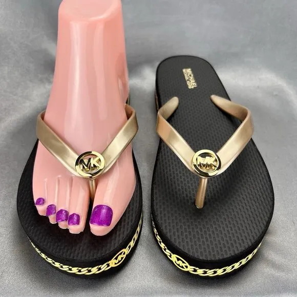 Michael Kors Women's 7 Logo Flip Flops Fashion Sandals Black/Gold RX24D MK Shoes