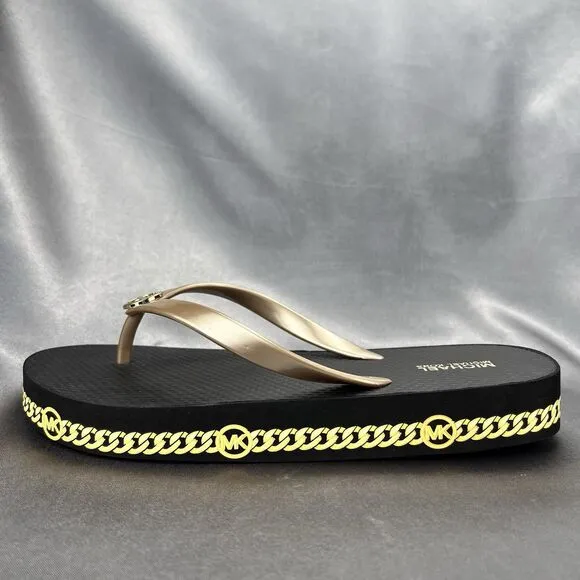 Michael Kors Women's 7 Logo Flip Flops Fashion Sandals Black/Gold RX24D MK Shoes