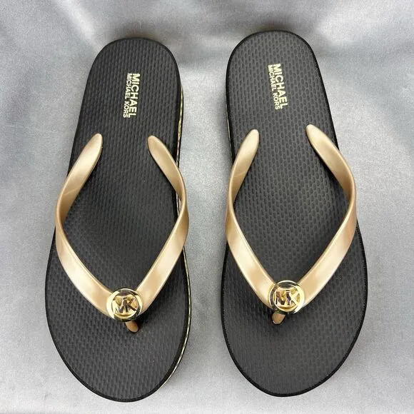 Michael Kors Women's 7 Logo Flip Flops Fashion Sandals Black/Gold RX24D MK Shoes