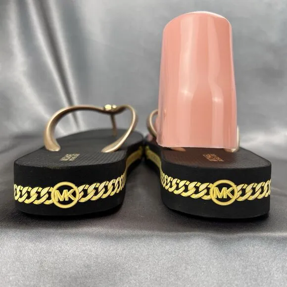 Michael Kors Women's 7 Logo Flip Flops Fashion Sandals Black/Gold RX24D MK Shoes