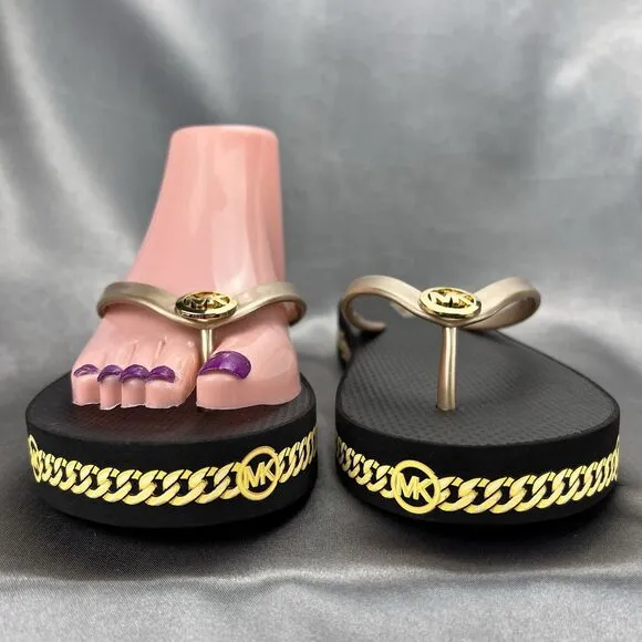 Michael Kors Women's 7 Logo Flip Flops Fashion Sandals Black/Gold RX24D MK Shoes