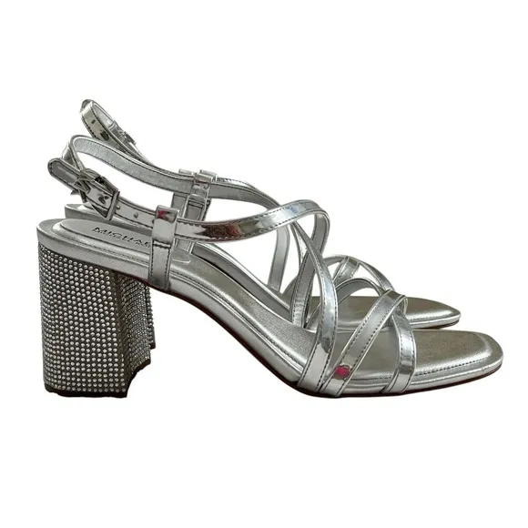 Michael Kors Womens Crystal Embellished Metallic Sandals Shoes Block Heel 7.5M