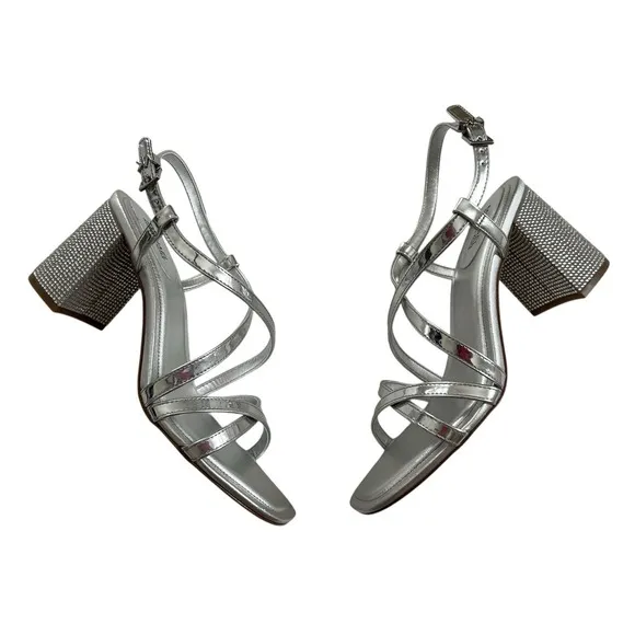 Michael Kors Womens Crystal Embellished Metallic Sandals Shoes Block Heel 7.5M