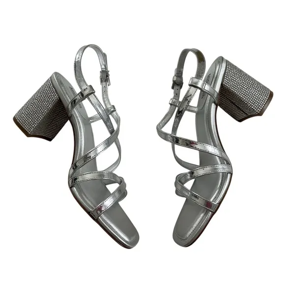Michael Kors Womens Crystal Embellished Metallic Sandals Shoes Block Heel 7.5M