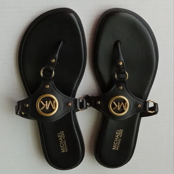 🩷💚🆕⚜️Michael Kors⚜️🩷💚Conway Womens Black Gold Sandal Leather Slip On Sz 6.5