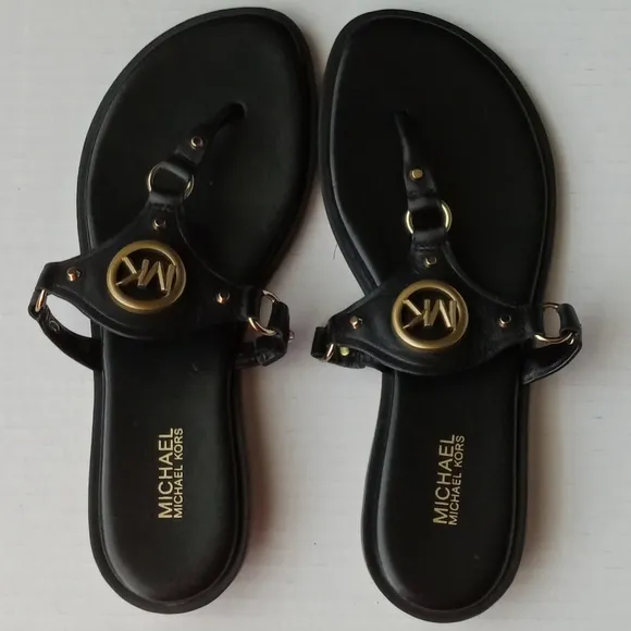 🩷💚🆕⚜️Michael Kors⚜️🩷💚Conway Womens Black Gold Sandal Leather Slip On Sz 6.5