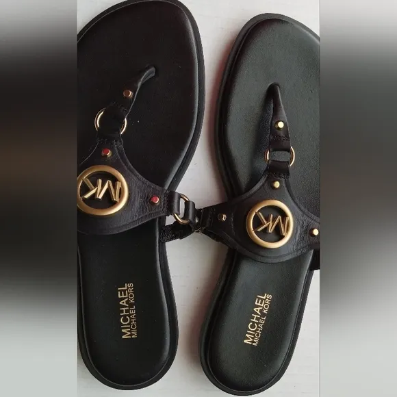 🩷💚🆕⚜️Michael Kors⚜️🩷💚Conway Womens Black Gold Sandal Leather Slip On Sz 6.5