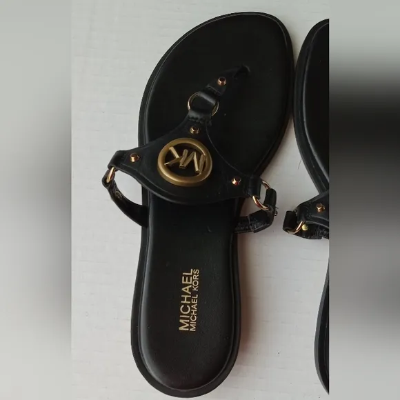 🩷💚🆕⚜️Michael Kors⚜️🩷💚Conway Womens Black Gold Sandal Leather Slip On Sz 6.5