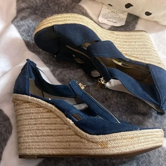 Michael kors mk denim damita wedge zip up sandal heel/ sz 10