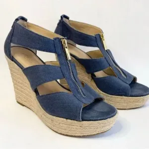 Michael kors mk denim damita wedge zip up sandal heel/ sz 10