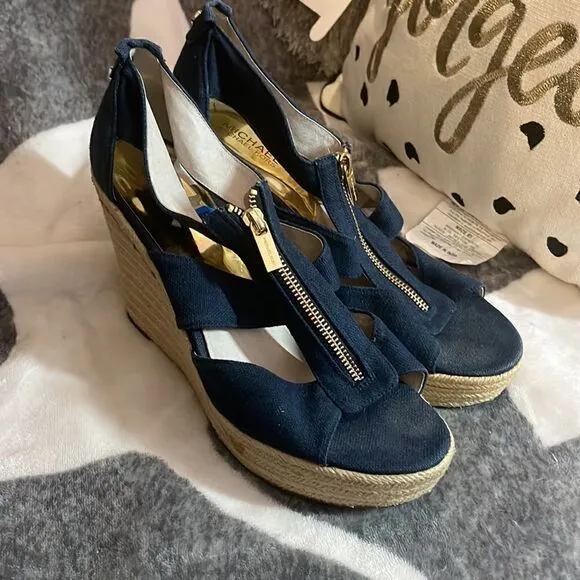 Michael kors mk denim damita wedge zip up sandal heel/ sz 10