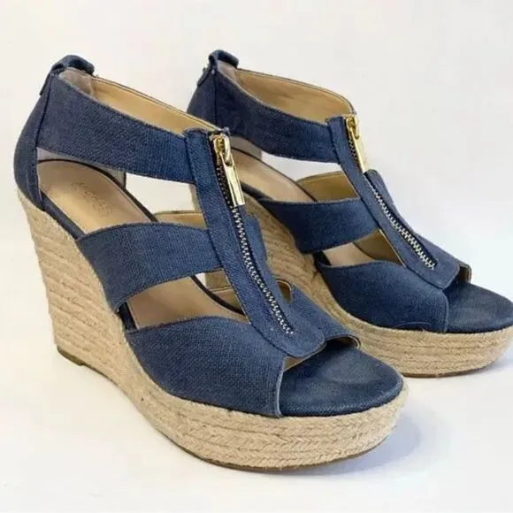 Michael kors mk denim damita wedge zip up sandal heel/ sz 10