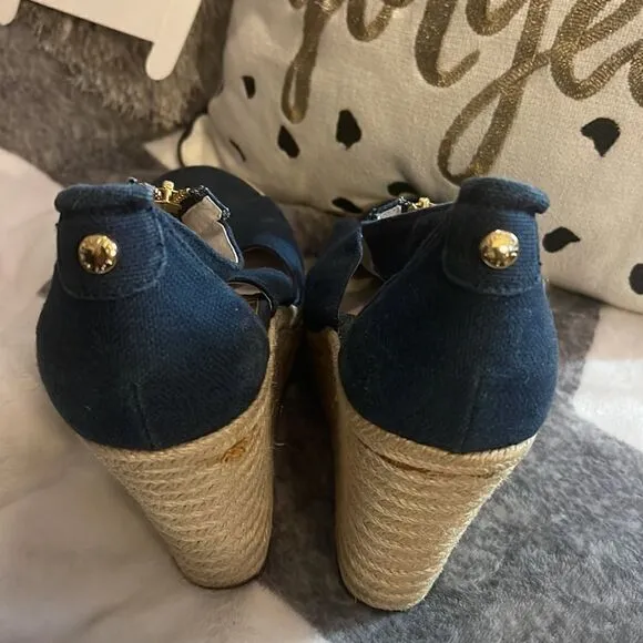 Michael kors mk denim damita wedge zip up sandal heel/ sz 10