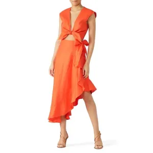 Miguelina Liviona Maxi Skirt Bright Coral Orange Linen Wrap Midi Skirt Medium