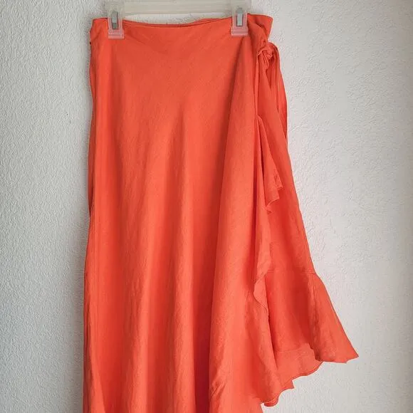 Miguelina Liviona Maxi Skirt Bright Coral Orange Linen Wrap Midi Skirt Medium