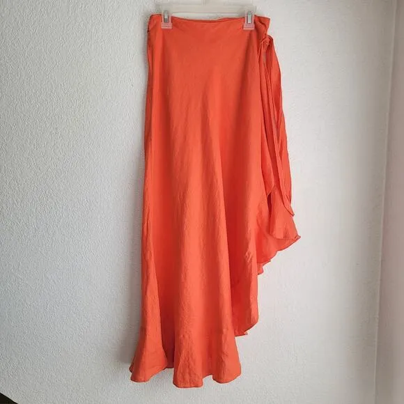 Miguelina Liviona Maxi Skirt Bright Coral Orange Linen Wrap Midi Skirt Medium