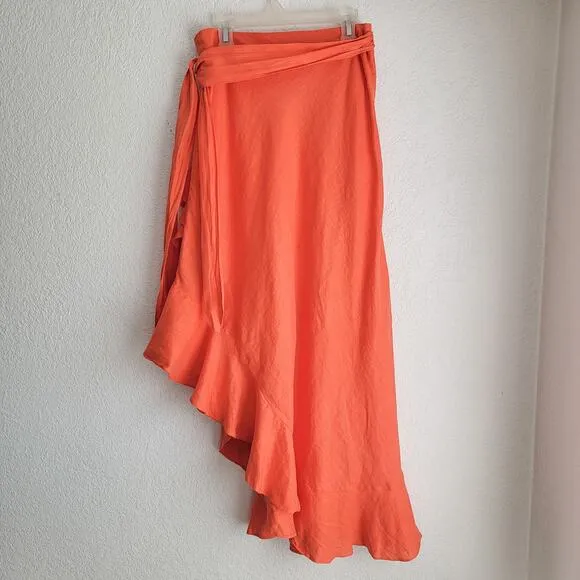 Miguelina Liviona Maxi Skirt Bright Coral Orange Linen Wrap Midi Skirt Medium