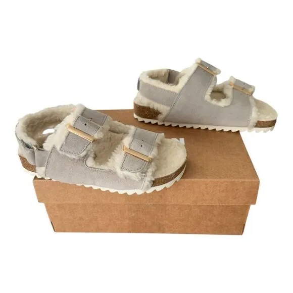 Mini Boden Faux Fur Cosy Suede Buckle Sandals Taupe Kids Size 27 US Size 10