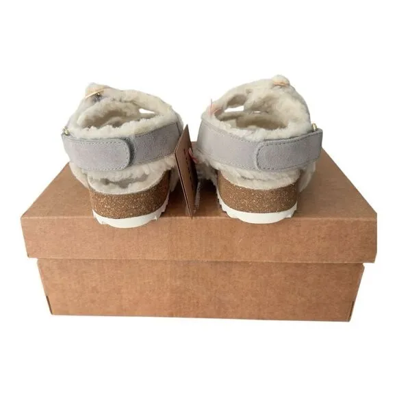 Mini Boden Faux Fur Cosy Suede Buckle Sandals Taupe Kids Size 27 US Size 10