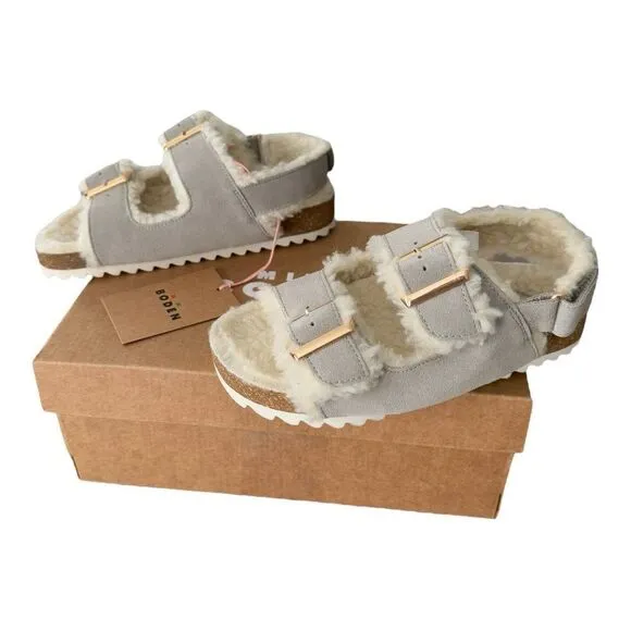 Mini Boden Faux Fur Cosy Suede Buckle Sandals Taupe Kids Size 27 US Size 10
