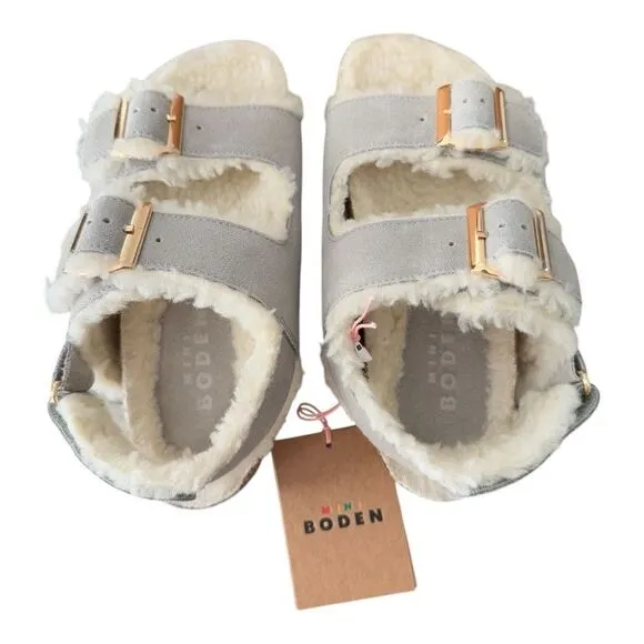 Mini Boden Faux Fur Cosy Suede Buckle Sandals Taupe Kids Size 27 US Size 10
