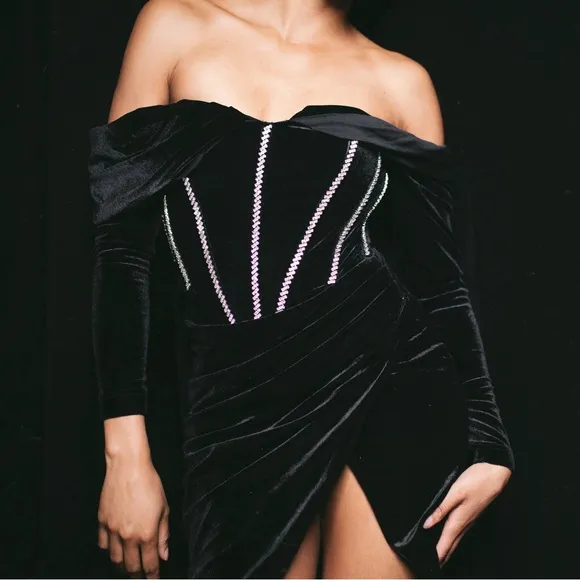 Miss Circle black velvet rhinestone corset wrap ruched midi stretchy dress