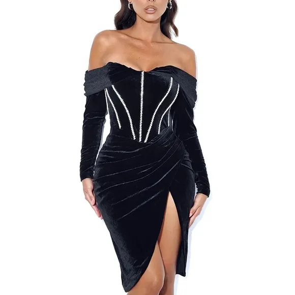 Miss Circle black velvet rhinestone corset wrap ruched midi stretchy dress