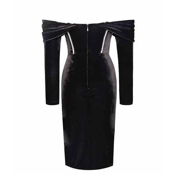 Miss Circle black velvet rhinestone corset wrap ruched midi stretchy dress