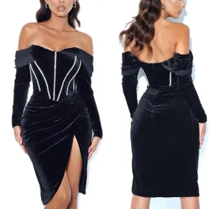 Miss Circle black velvet rhinestone corset wrap ruched midi stretchy dress