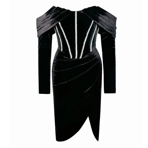 Miss Circle black velvet rhinestone corset wrap ruched midi stretchy dress