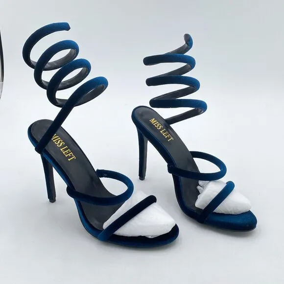 MIss Left Ankle Strappy Sandals Soft Velvet Open Round Toe Pumps Stiletto High