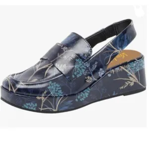 Miss Left Floral Wedge Heel Slingback Platform Closed Toe Elastic Strap Pumps