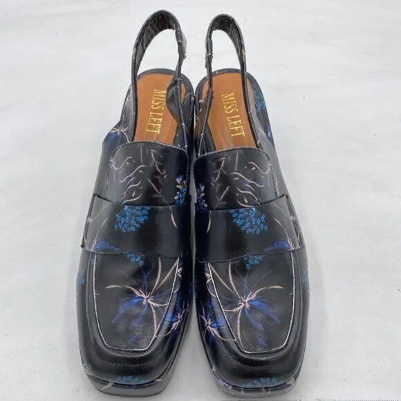 Miss Left Floral Wedge Heel Slingback Platform Closed Toe Elastic Strap Pumps