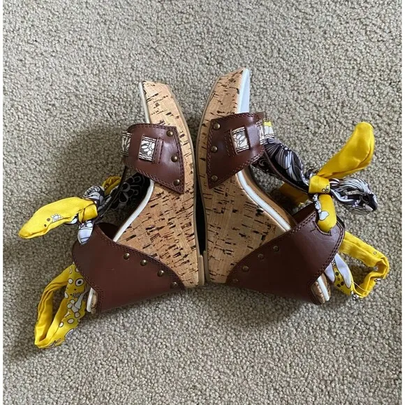 MISS SIXTY NORA WOMEN'S BROWN YELLOW WEDGE HEEL SANDALS SIZE 8 (EU 38) Y2K