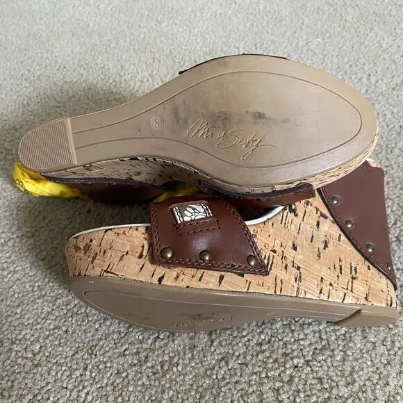 MISS SIXTY NORA WOMEN'S BROWN YELLOW WEDGE HEEL SANDALS SIZE 8 (EU 38) Y2K
