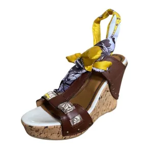 MISS SIXTY NORA WOMEN'S BROWN YELLOW WEDGE HEEL SANDALS SIZE 8 (EU 38) Y2K
