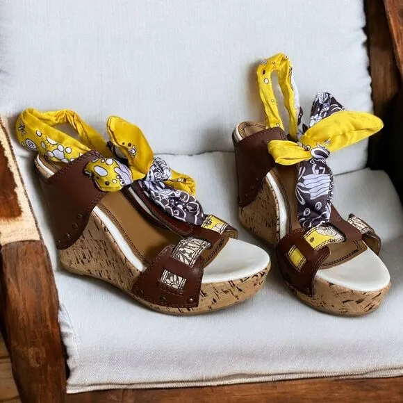 MISS SIXTY NORA WOMEN'S BROWN YELLOW WEDGE HEEL SANDALS SIZE 8 (EU 38) Y2K