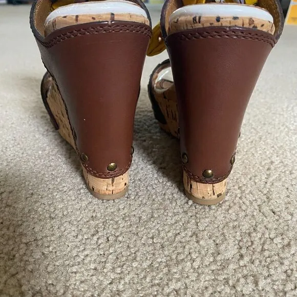MISS SIXTY NORA WOMEN'S BROWN YELLOW WEDGE HEEL SANDALS SIZE 8 (EU 38) Y2K