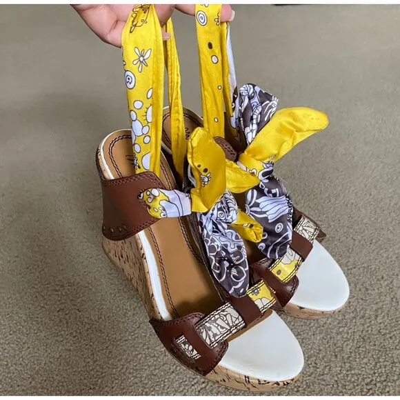 MISS SIXTY NORA WOMEN'S BROWN YELLOW WEDGE HEEL SANDALS SIZE 8 (EU 38) Y2K