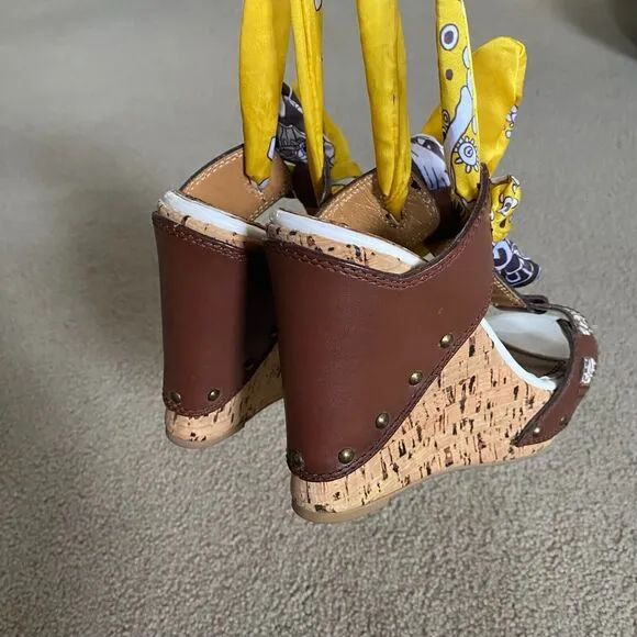 MISS SIXTY NORA WOMEN'S BROWN YELLOW WEDGE HEEL SANDALS SIZE 8 (EU 38) Y2K