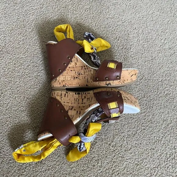 MISS SIXTY NORA WOMEN'S BROWN YELLOW WEDGE HEEL SANDALS SIZE 8 (EU 38) Y2K