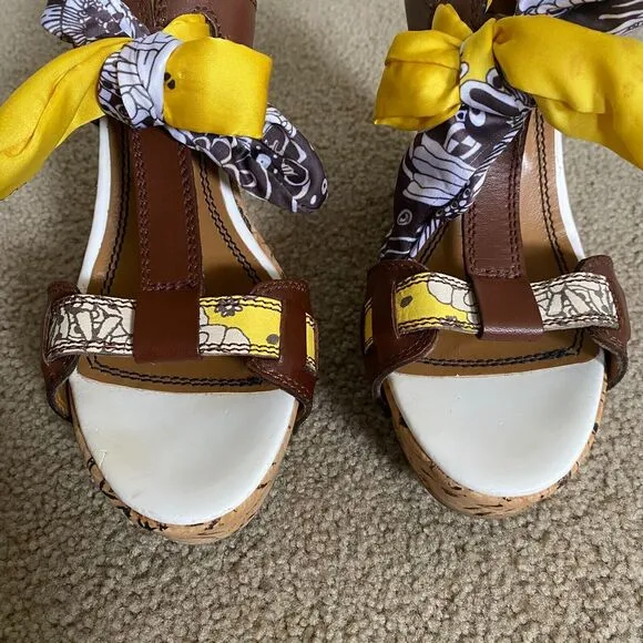 MISS SIXTY NORA WOMEN'S BROWN YELLOW WEDGE HEEL SANDALS SIZE 8 (EU 38) Y2K