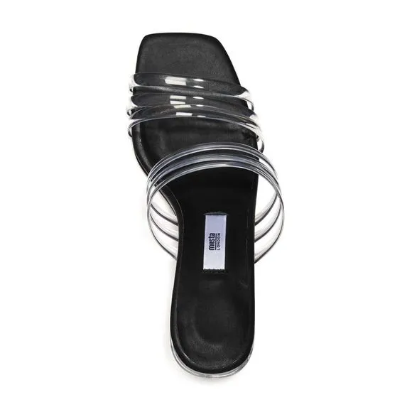 MISTA Womens Black Helena Square Toe Block Heel Slip On Leather Slide Sandals 37