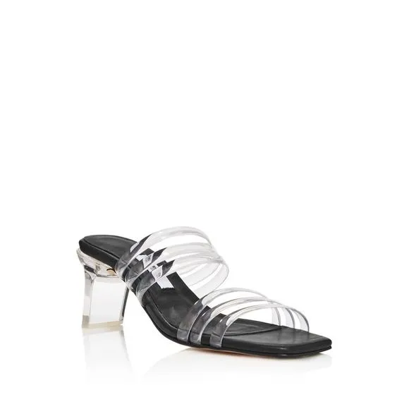 MISTA Womens Black Helena Square Toe Block Heel Slip On Leather Slide Sandals 37