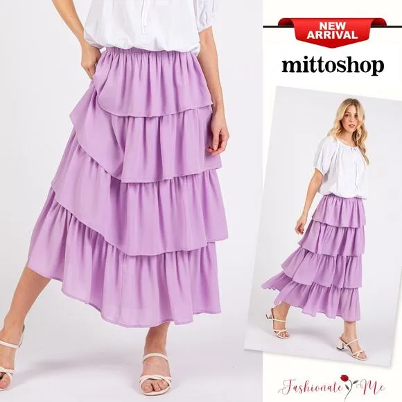 ❤️Mittoshop Chiffon Ruffle Tiered Layers Elastic Waist Midi Skirt | Lavender