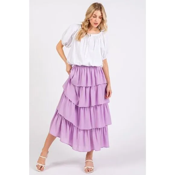 ❤️Mittoshop Chiffon Ruffle Tiered Layers Elastic Waist Midi Skirt | Lavender